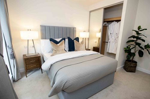 a bedroom with a bed and lamps