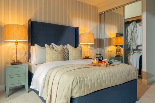 a bedroom with a bed and lamps
