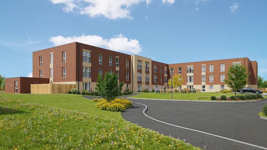a large brick building with a parking lot in front of it