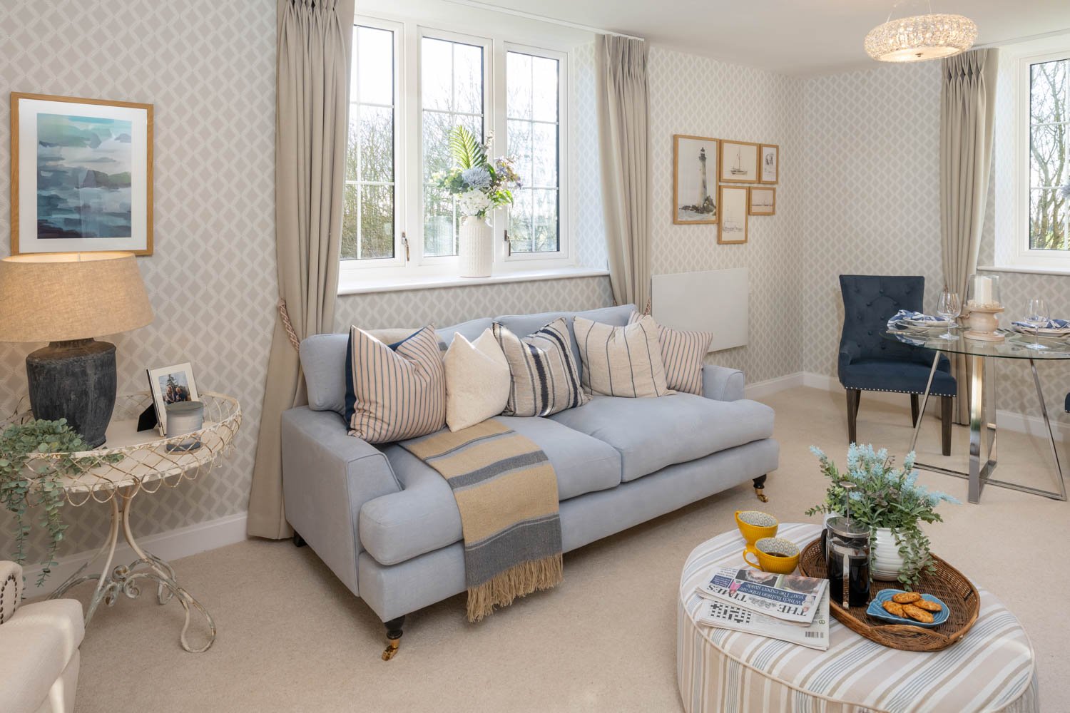 a living room with a couch and table