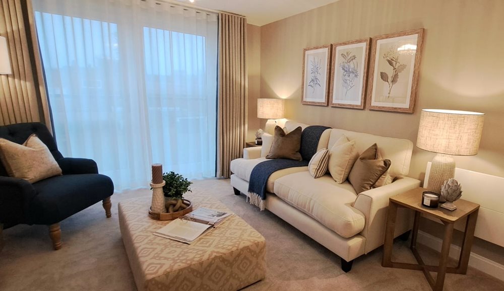 a living room with a couch and a table