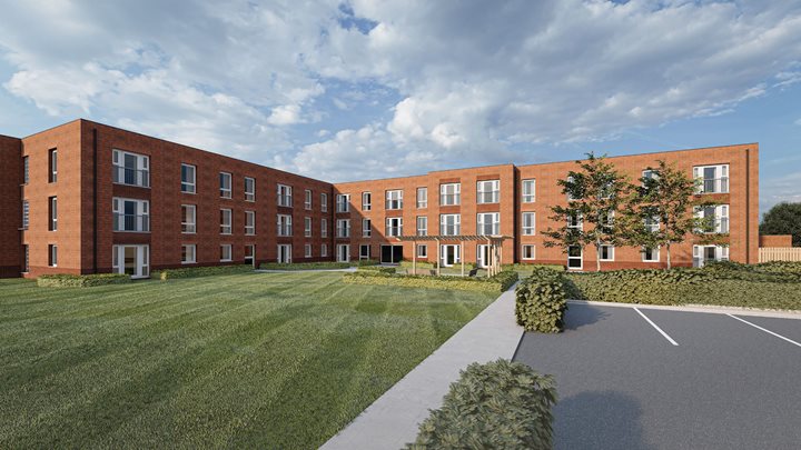a building with a parking lot