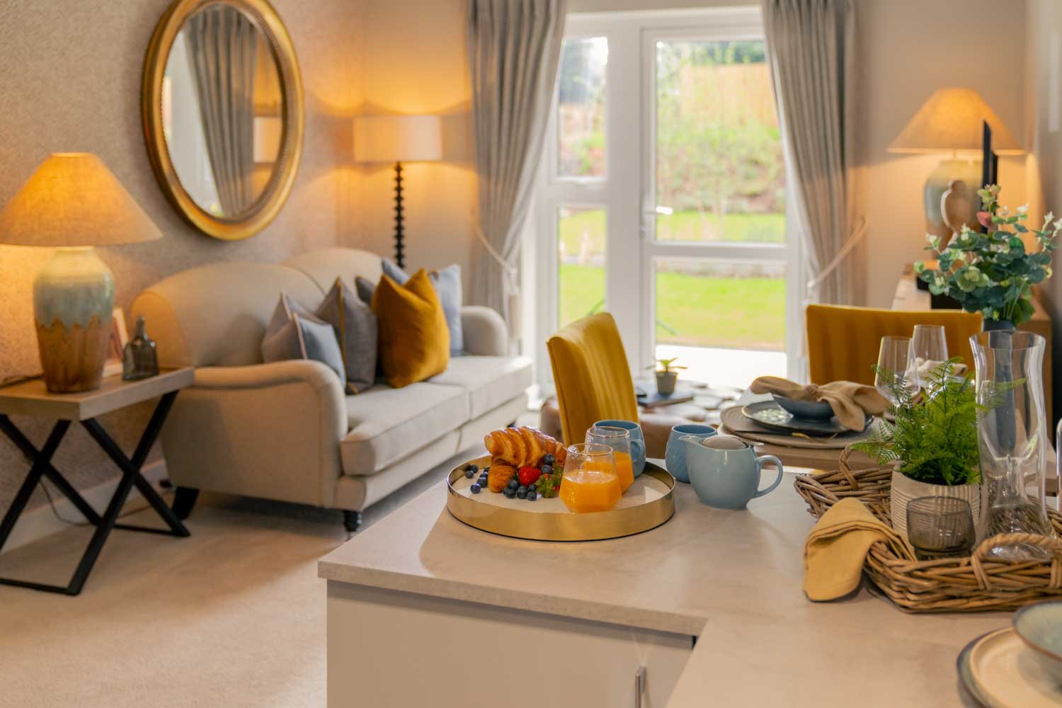 a living room with a large mirror