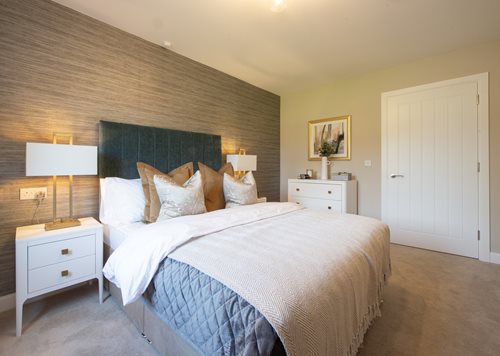 a bedroom with a bed and lamps