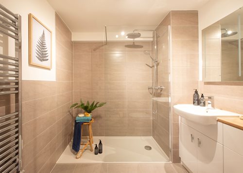 a bathroom with a glass shower