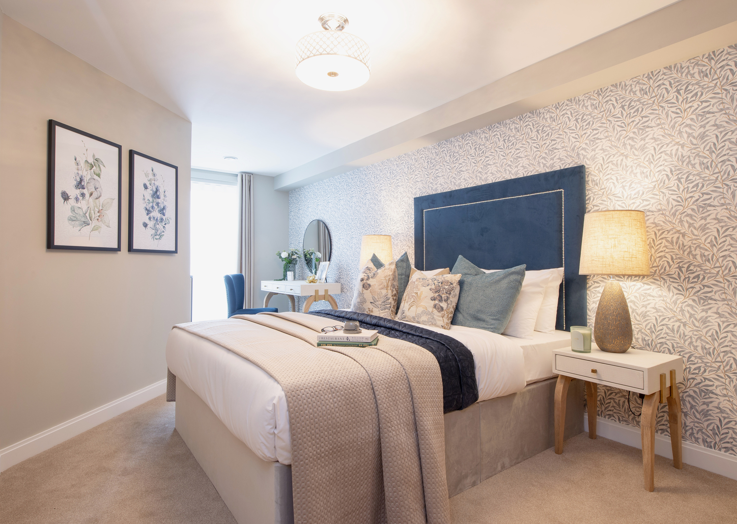 a bedroom with a bed and a desk
