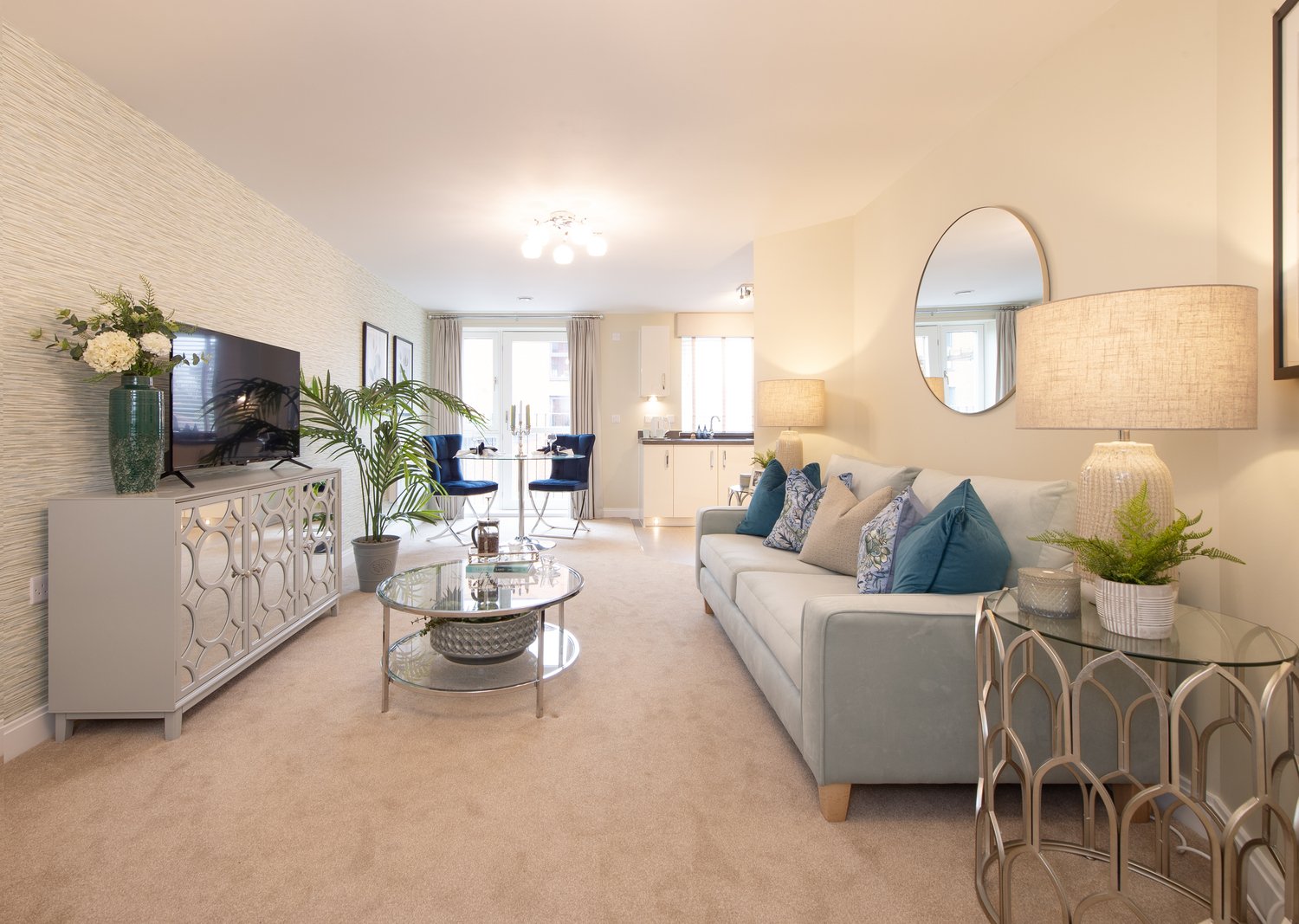 a living room with a couch and a table