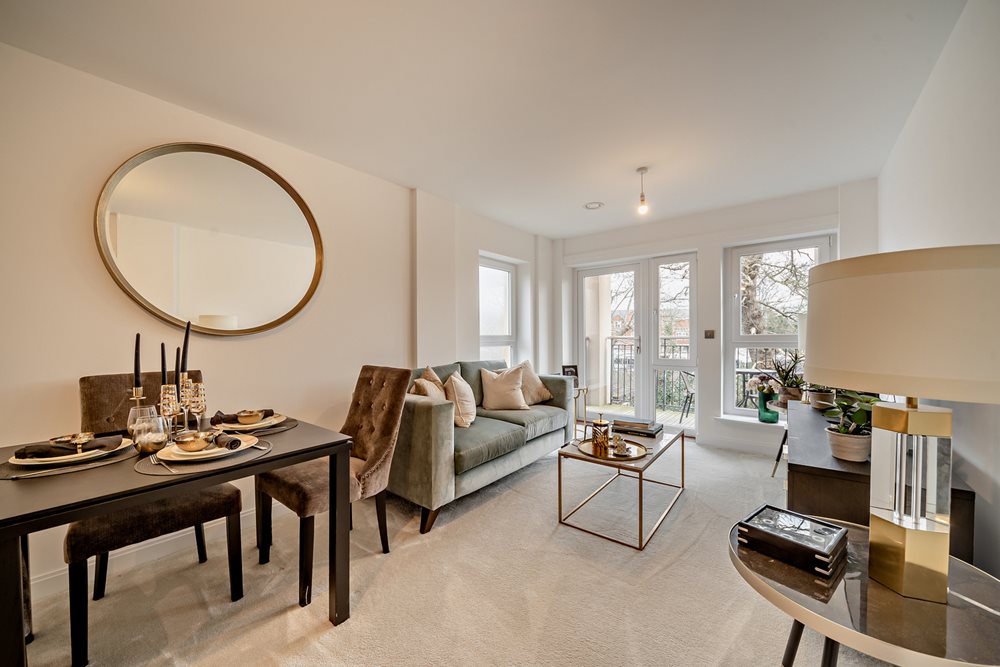 a living room with a large mirror