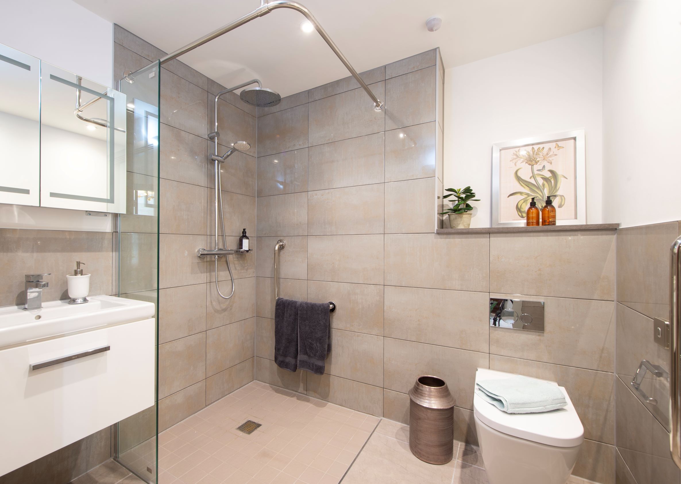 a bathroom with a glass shower