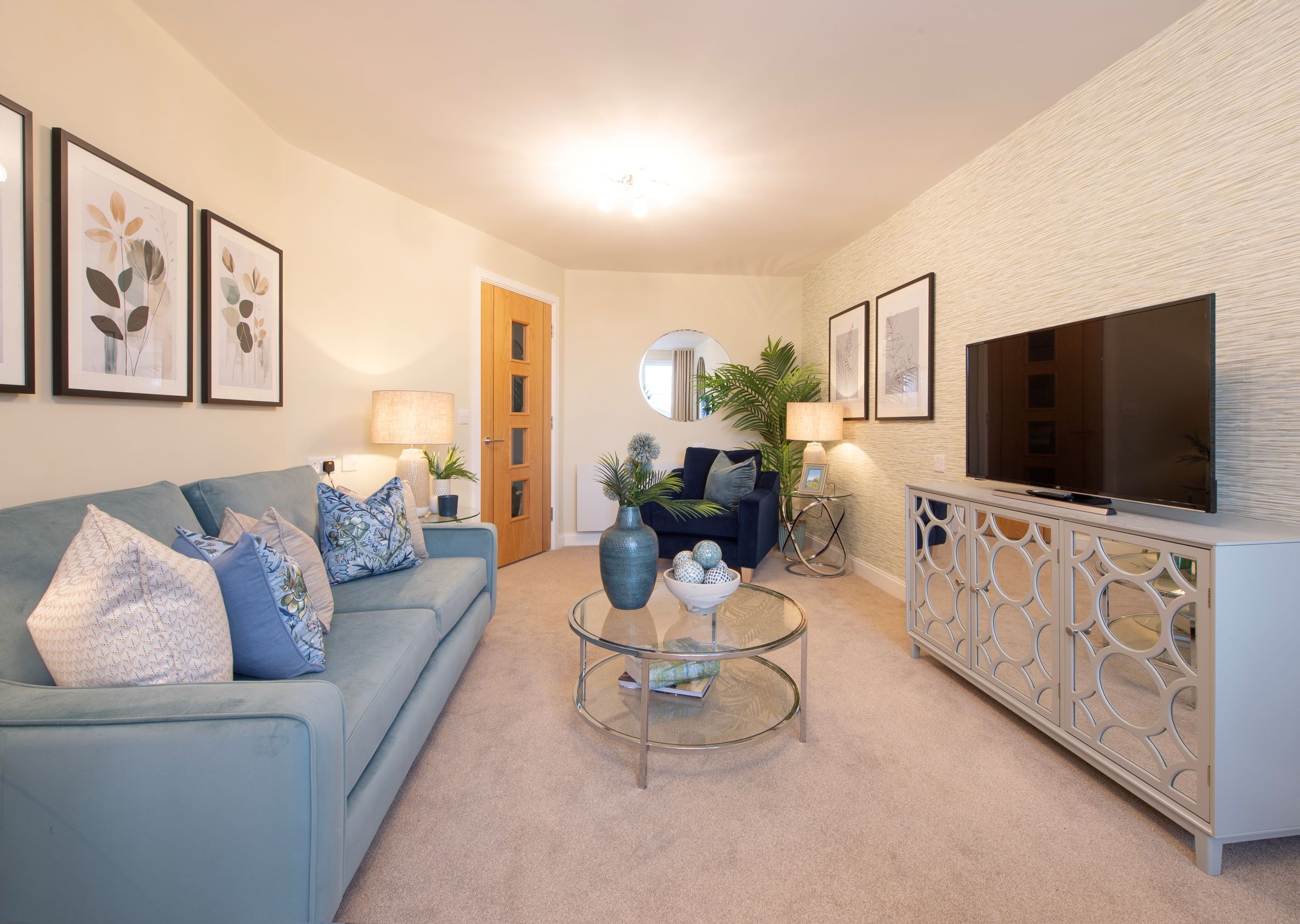 a living room with a fireplace