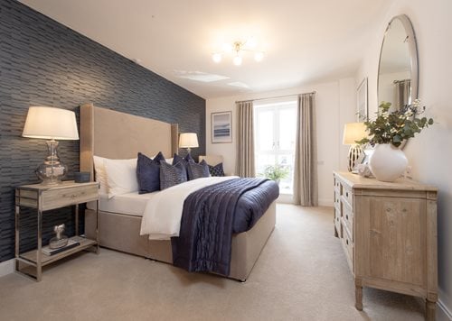 a bedroom with a bed and lamps