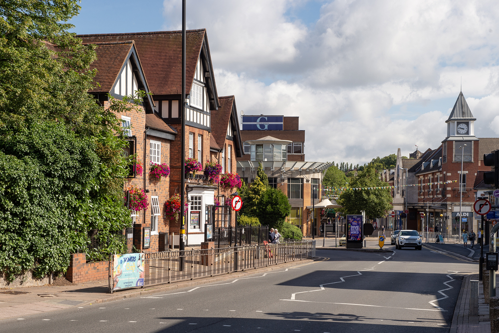 a street with buildings and trees