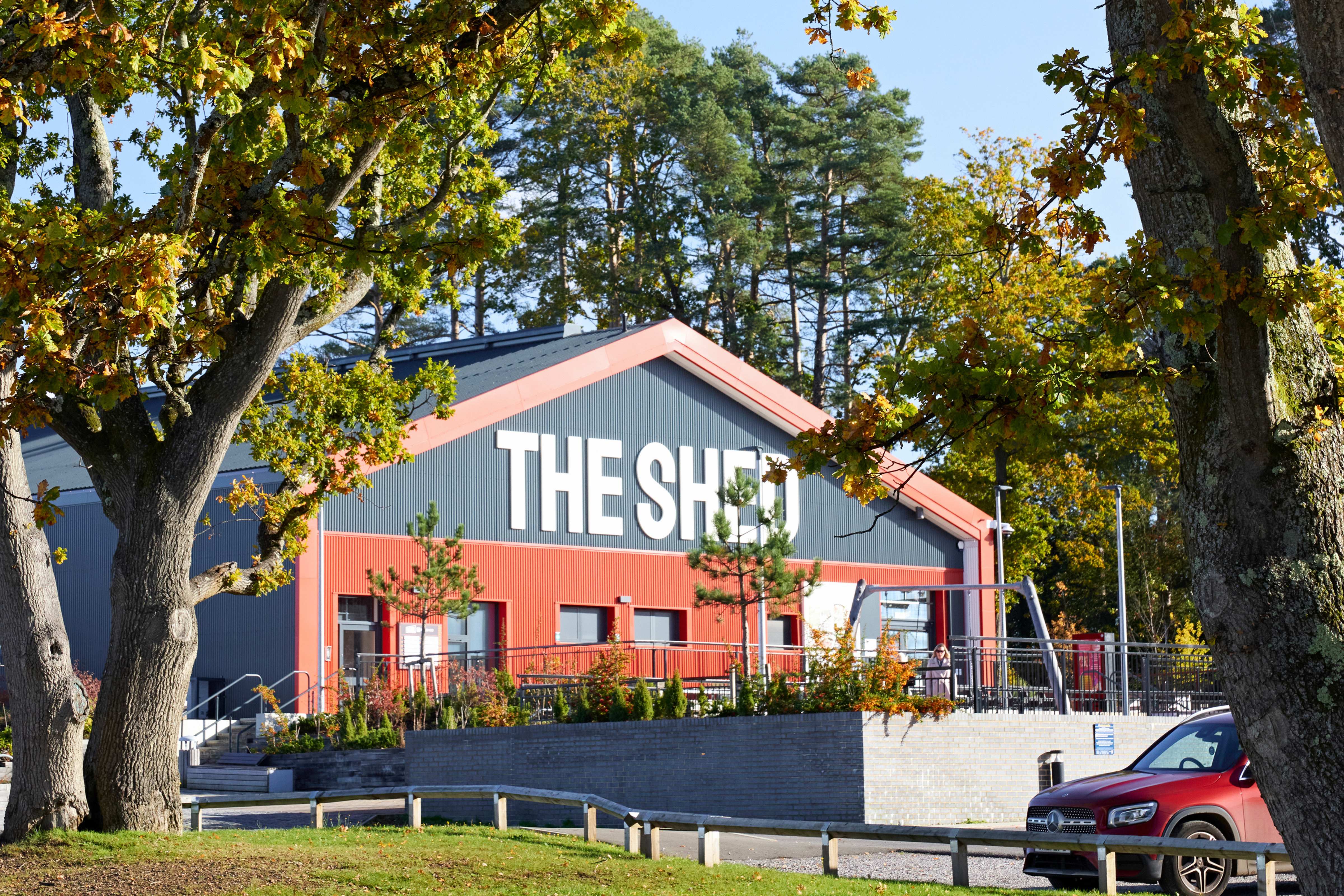 a red building with white text