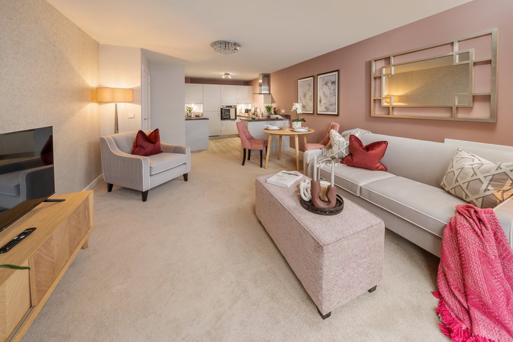 a living room with a couch and a table