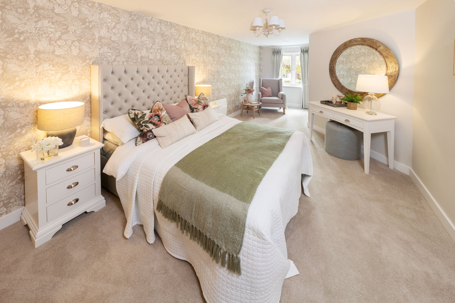 a bedroom with a bed and a mirror