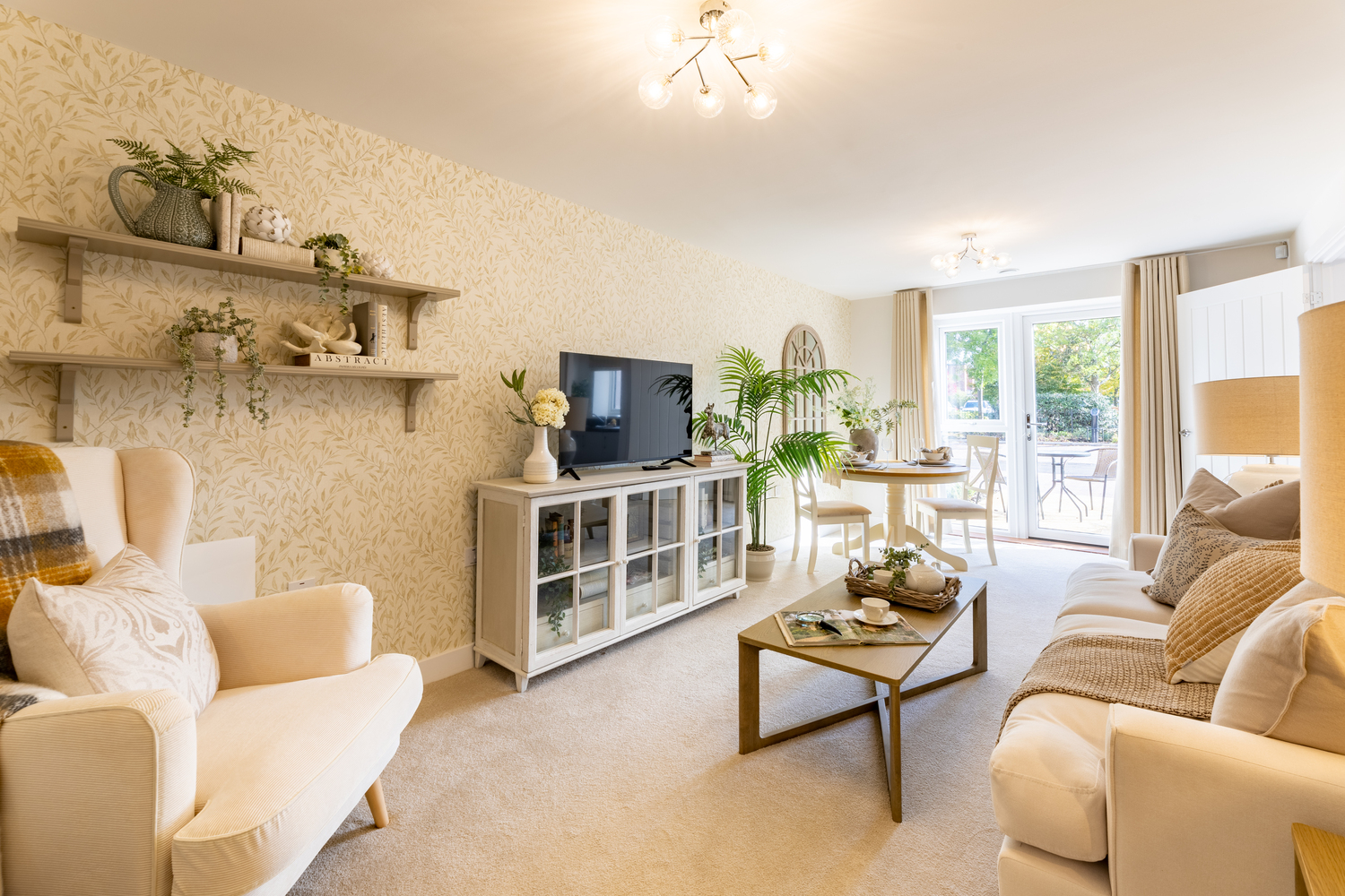 a living room with a large glass wall