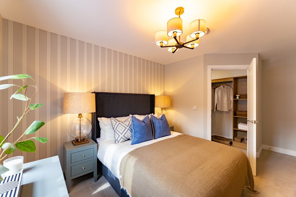 a bedroom with a bed and lamps