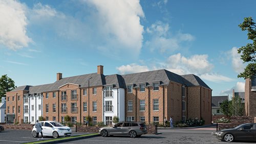 a brick building with cars parked in front of it