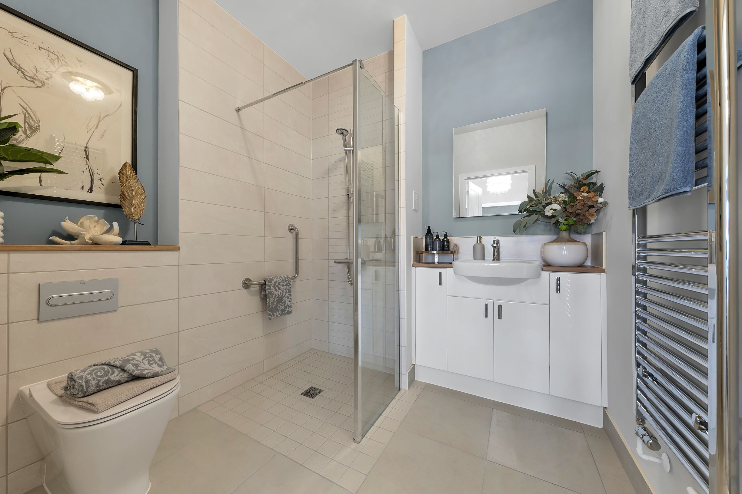 a bathroom with a glass shower