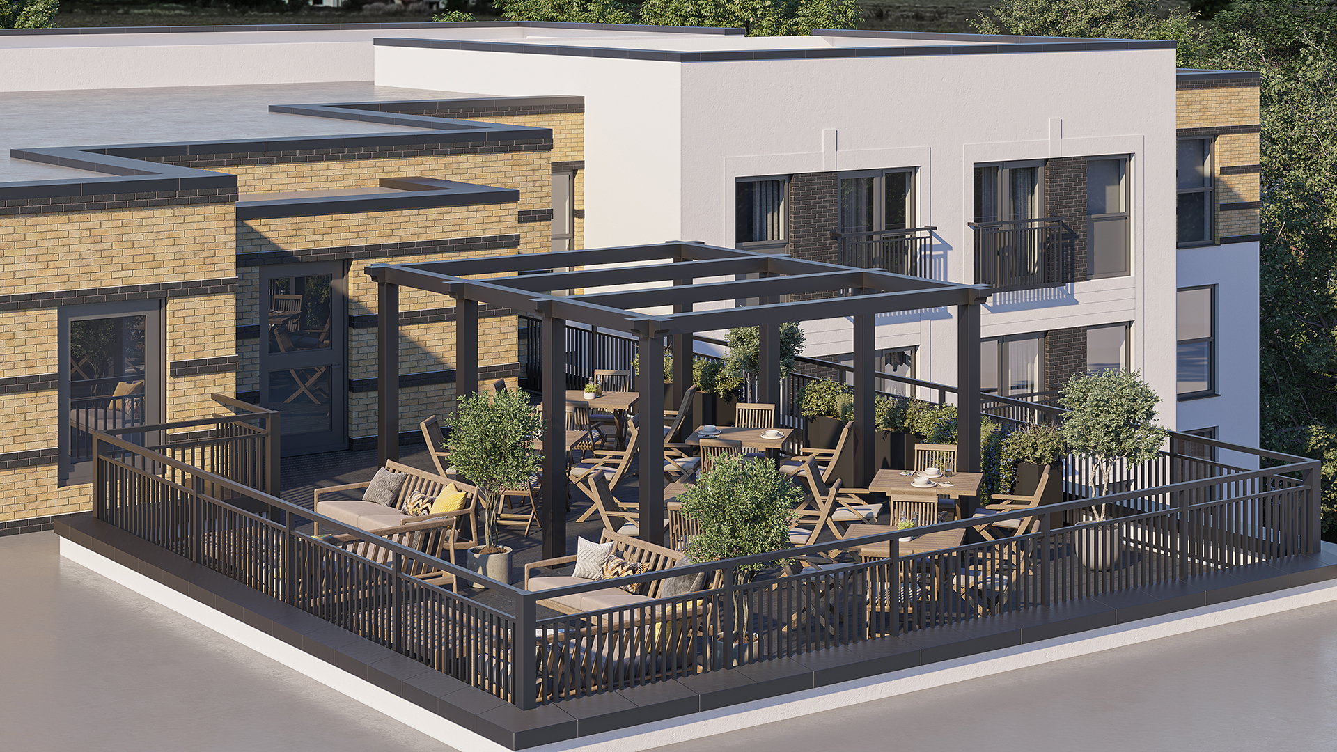 a patio with chairs and tables