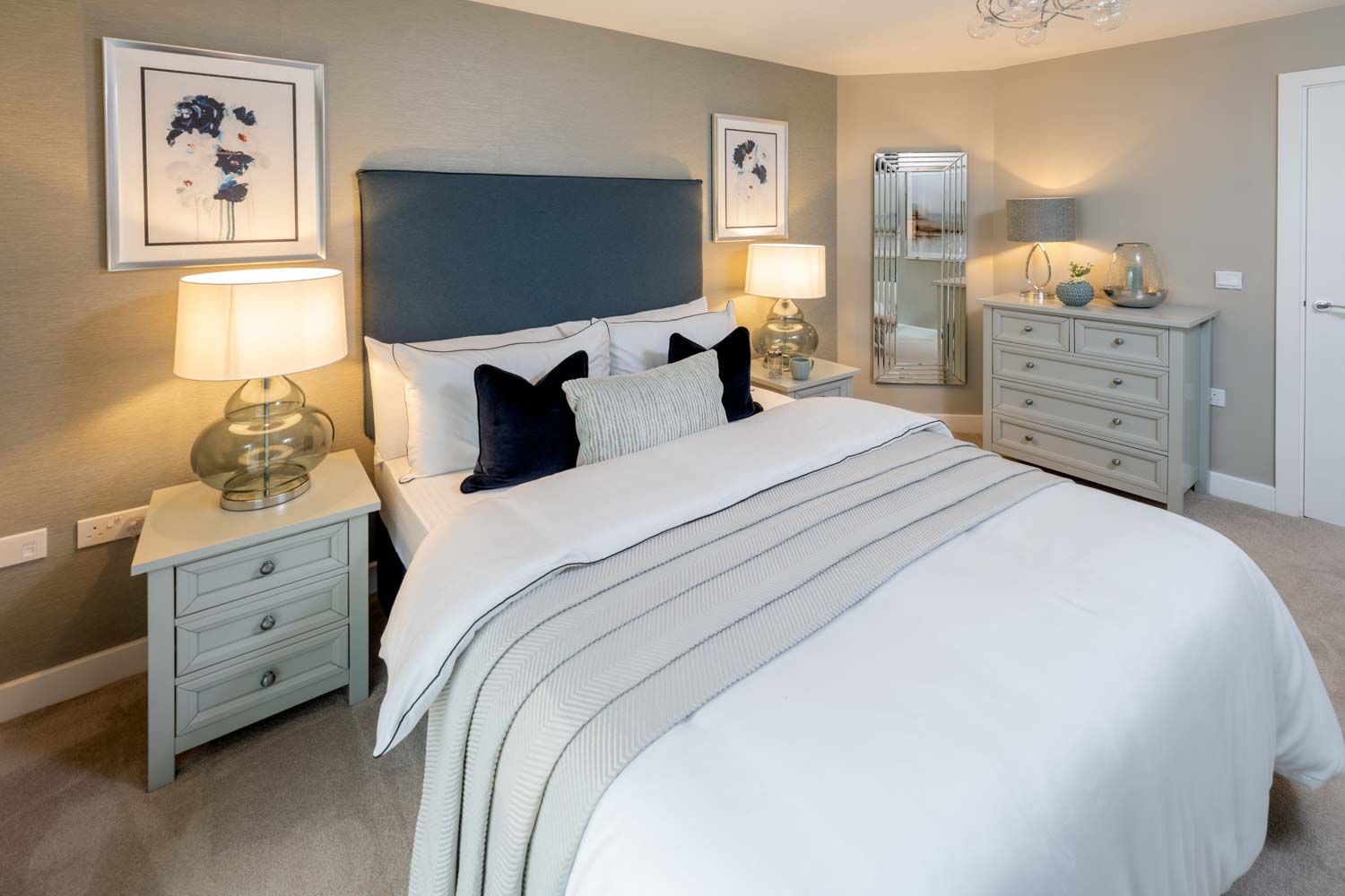 a bedroom with a bed and lamps