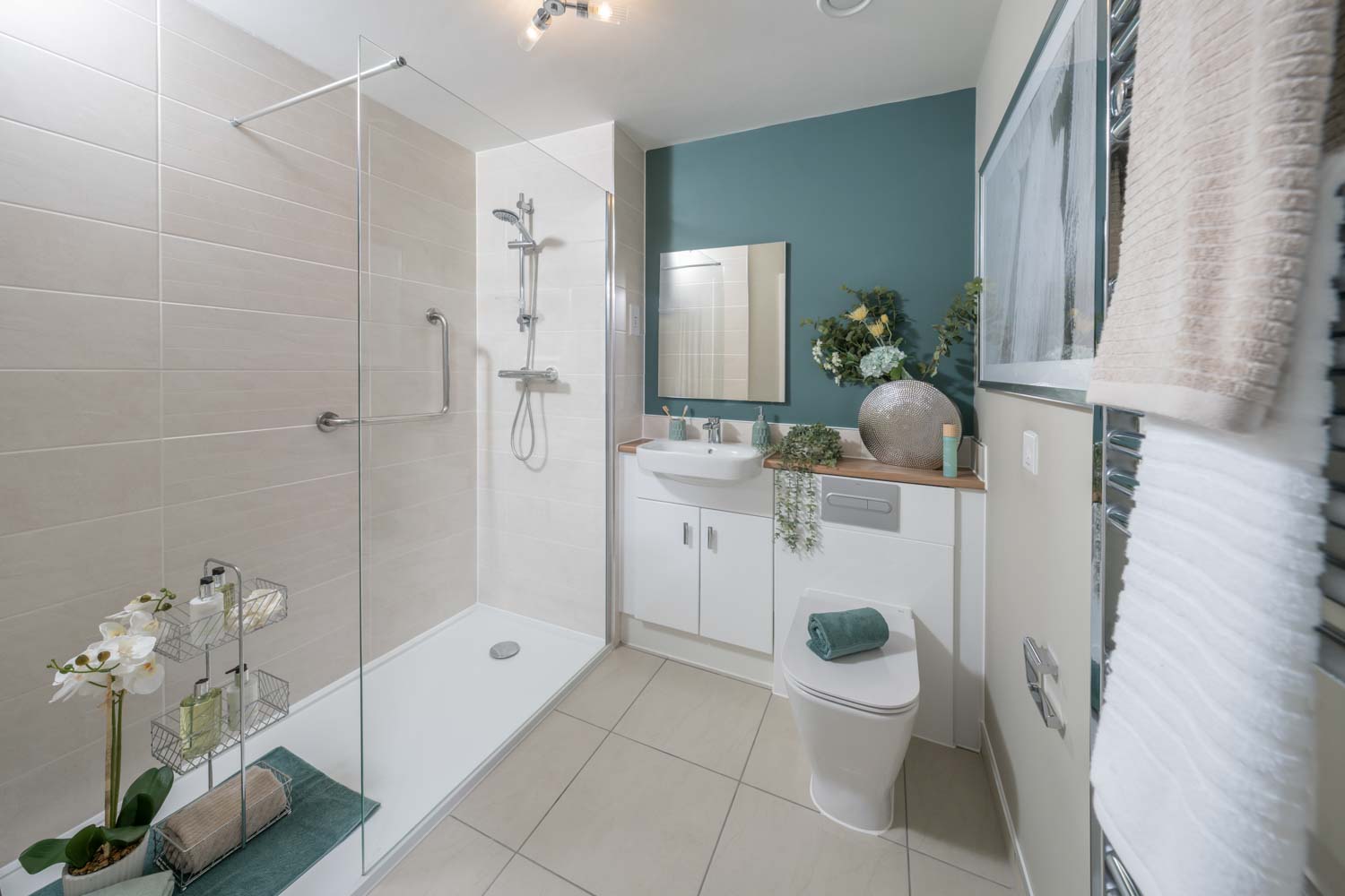 a bathroom with a standup shower