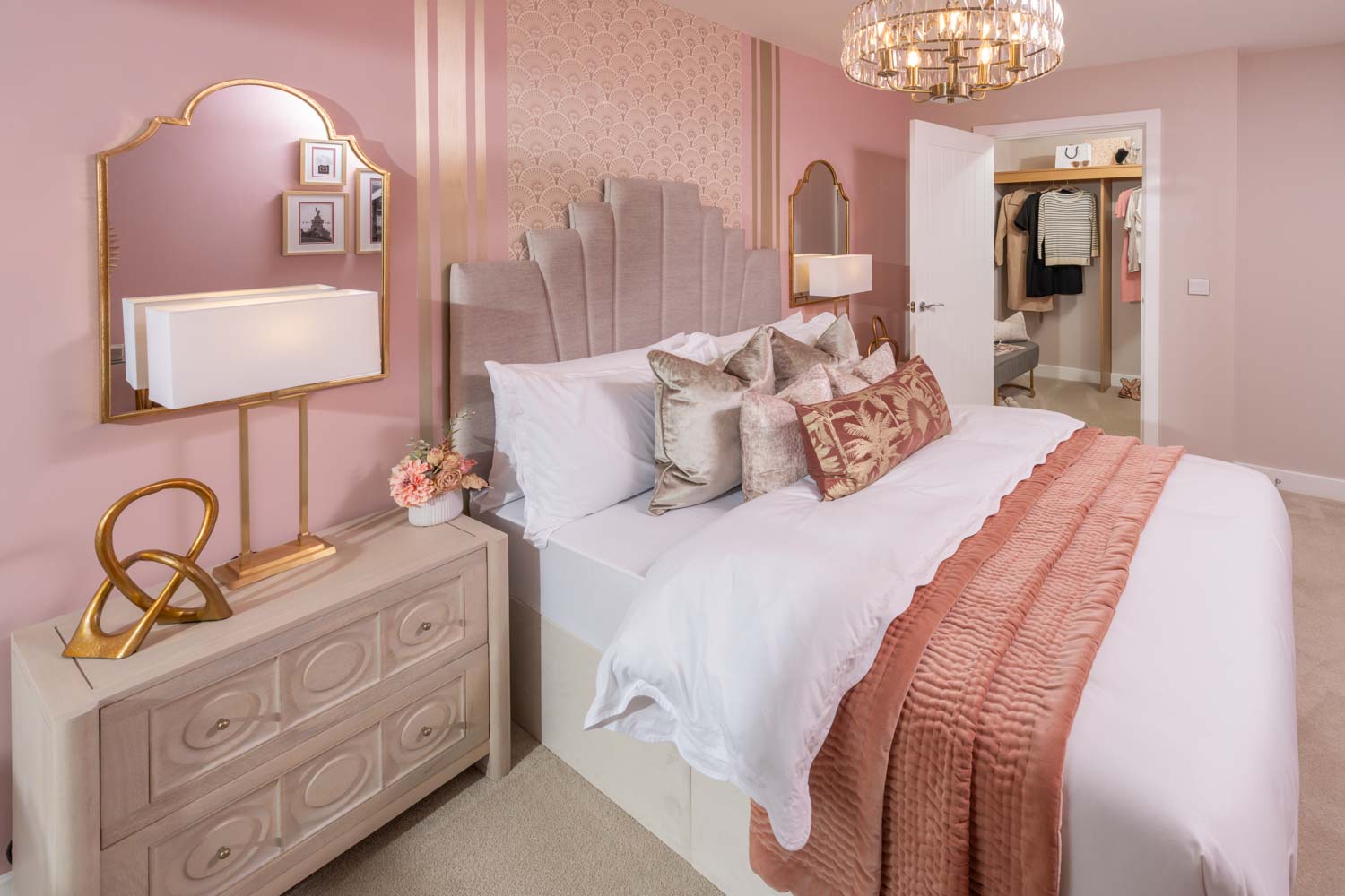 a bed with a large headboard