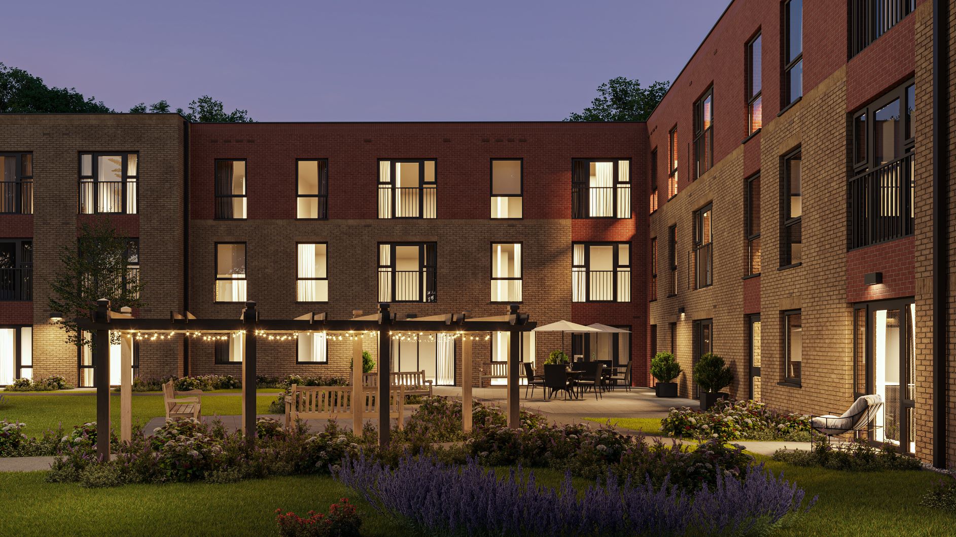a building with a garden in front