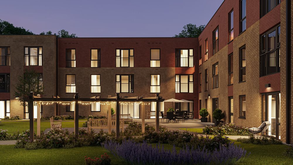 a building with a garden in front