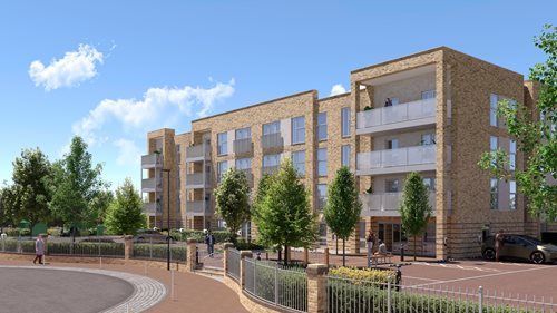 a building with a fence and trees in front of it