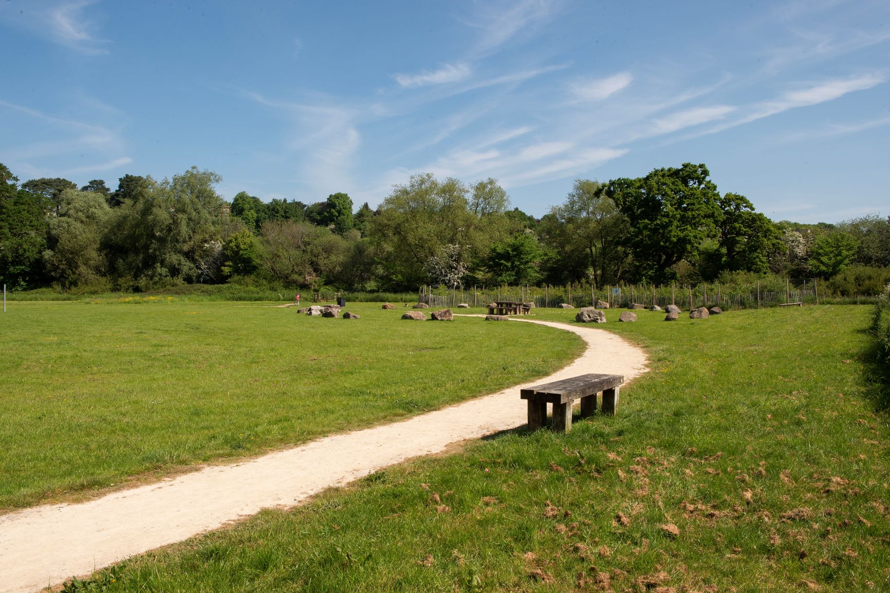 a bench sits on the side of a road