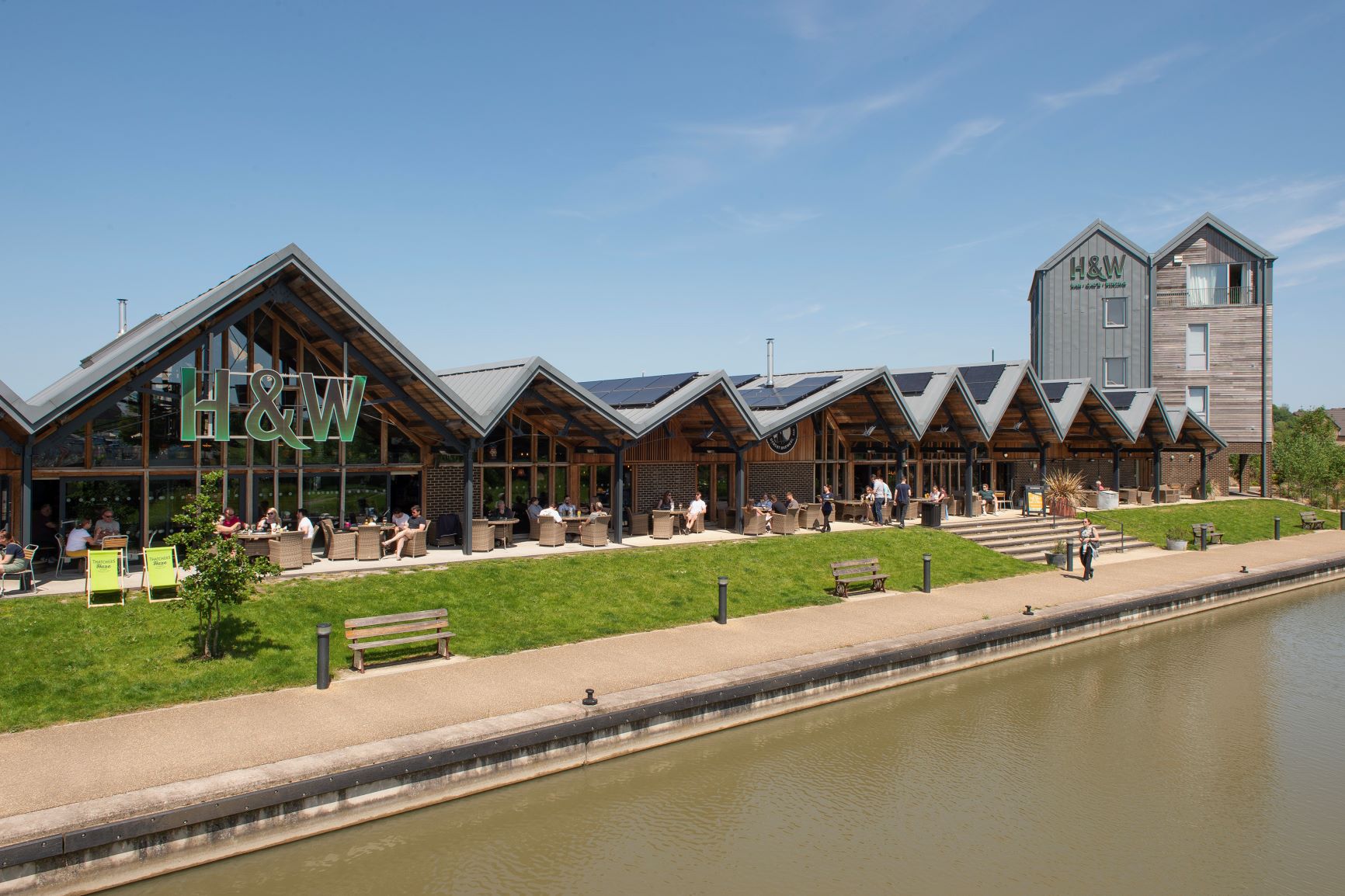 a large building with a large glass front