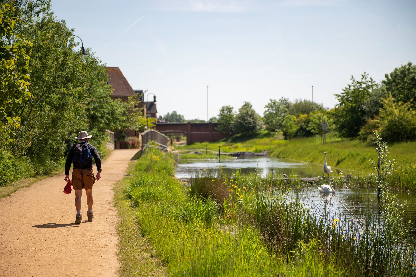 a man walking on a path near a pond with a bird in it