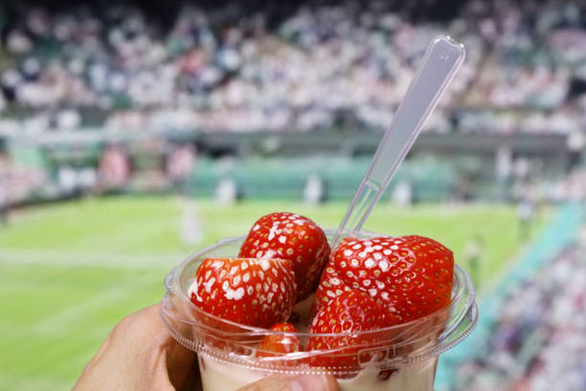 a hand holding a glass cup with strawberries and a spoon with tennis