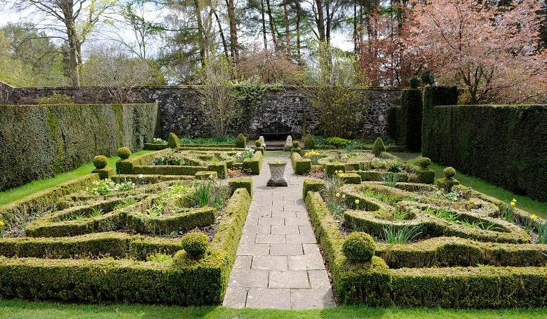 a stone path with hedges and trees