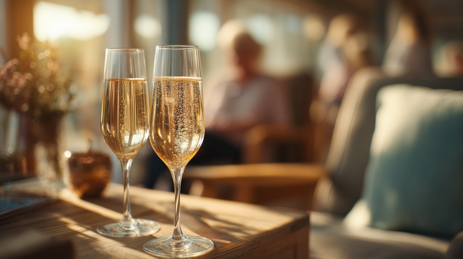 two glasses of champagne on a table