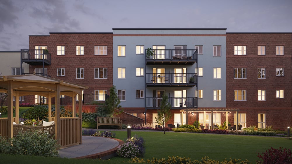 Homes overlooking the outdoor communal area of the retirement village