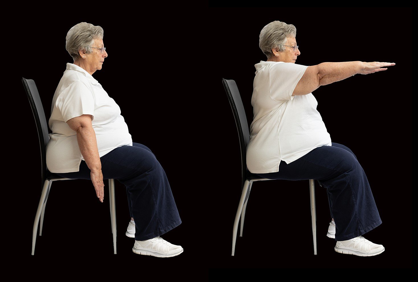 A senior before and during a front raise exercise
