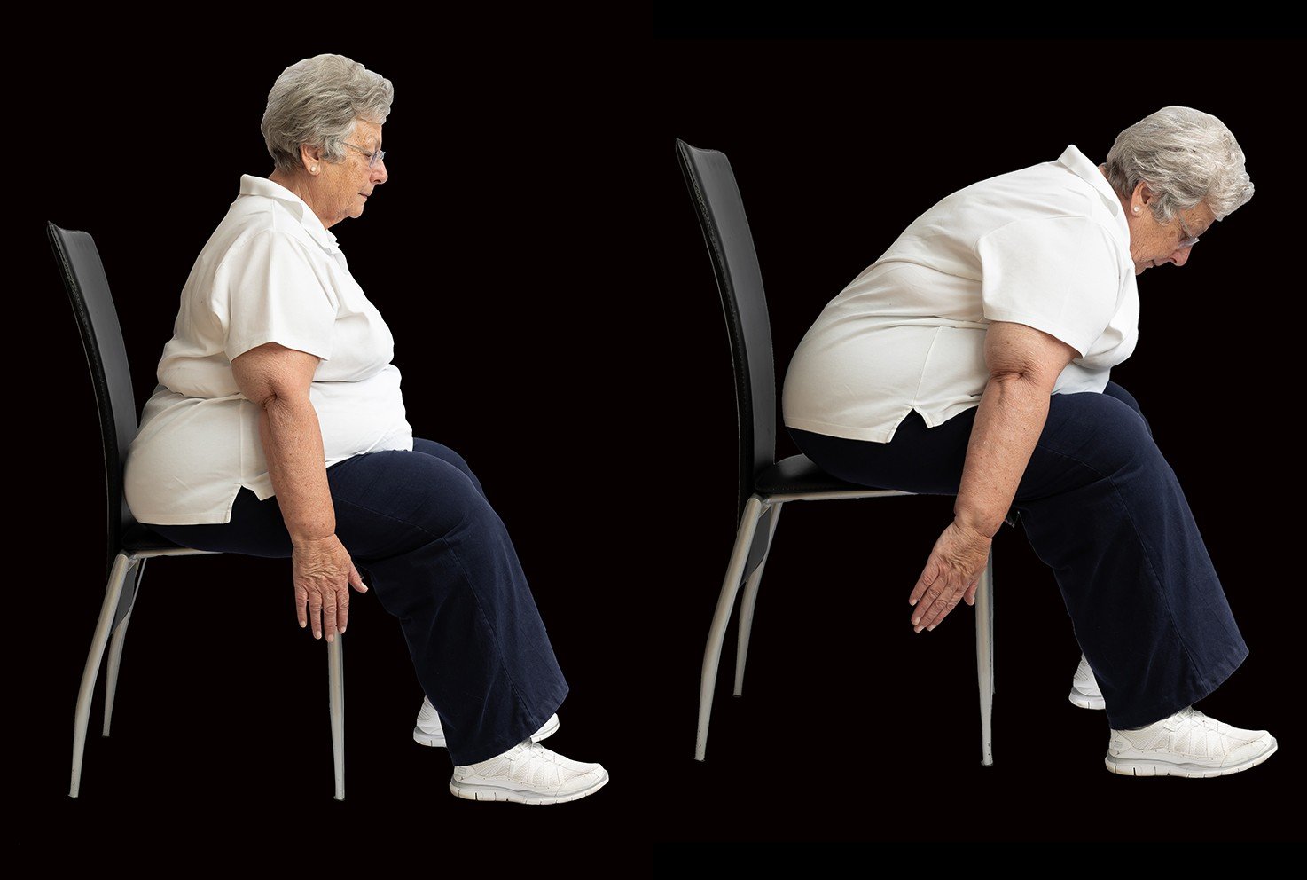 A senior during and after completing a hip hinge exercise