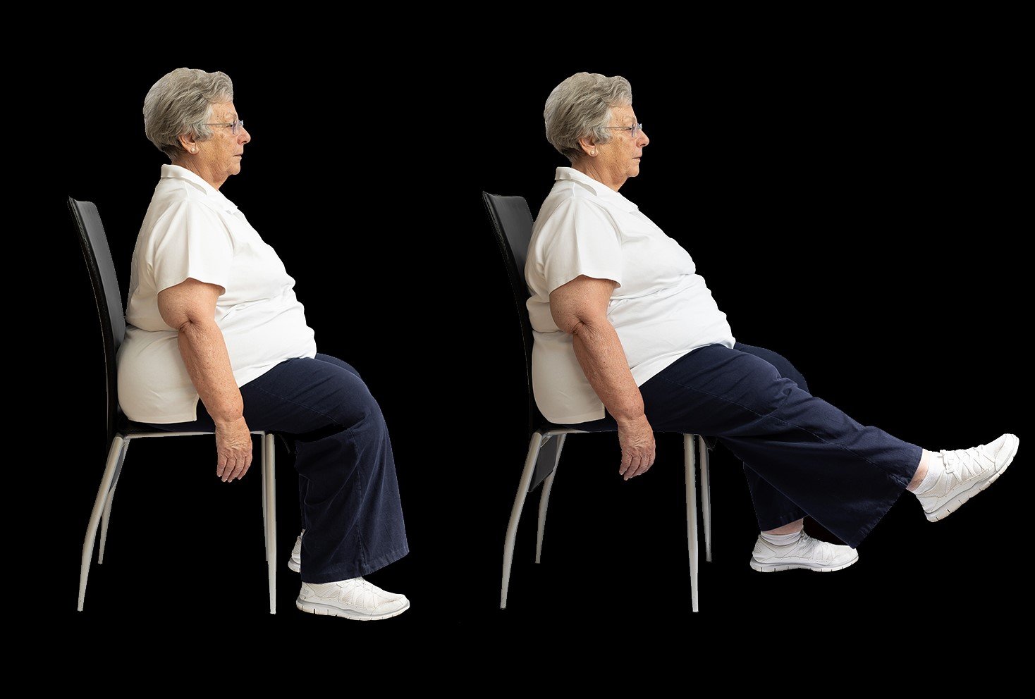 A senior before and during a leg extension exercise
