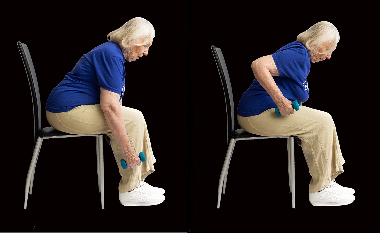 A senior before and after completing a bent over row exercise, with weights in hand