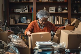 An elderly women decluttering her existing home prior to moving to a retirement living development.