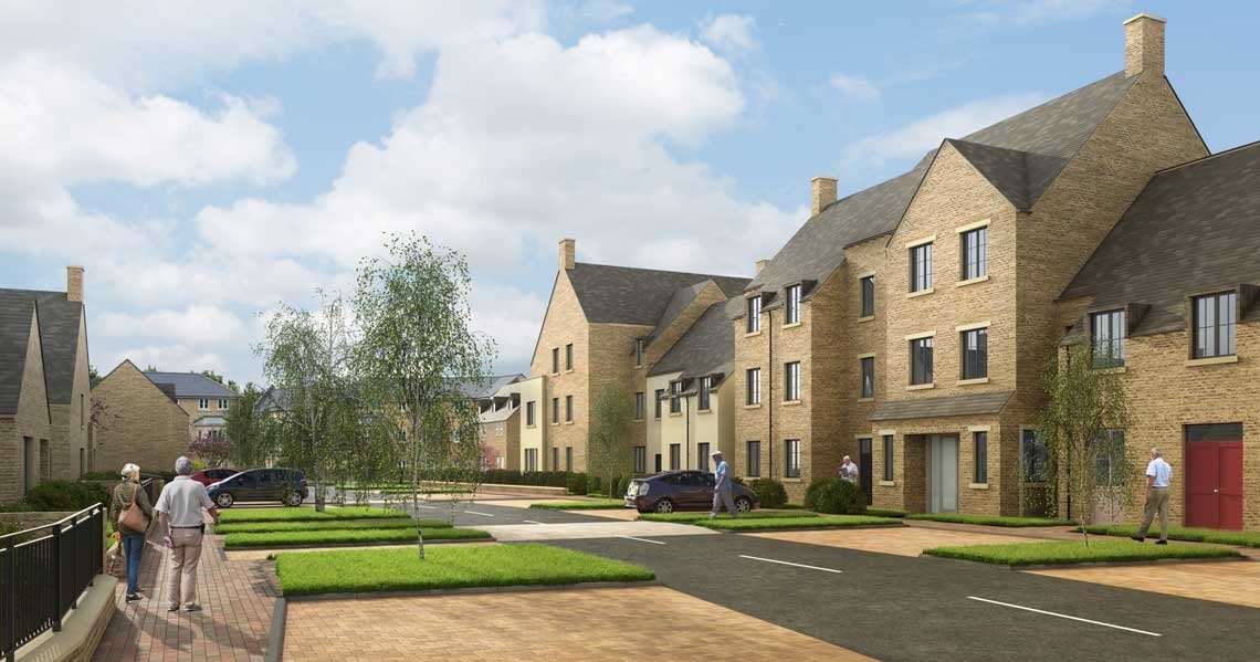 The exterior of a retirement development by McCarthy Stone. Residents wander the wide pavements, lined with grassy banks and trees. 