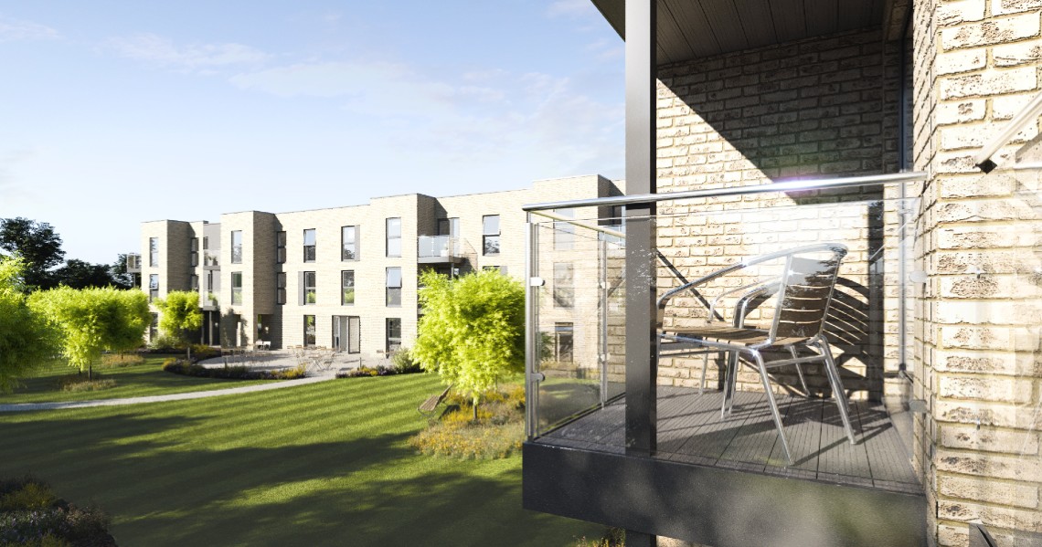 a patio with a chair and a building in the background