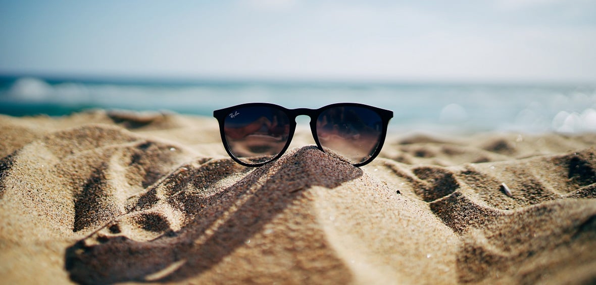 Sunglasses on a sandy beach on a sunny day