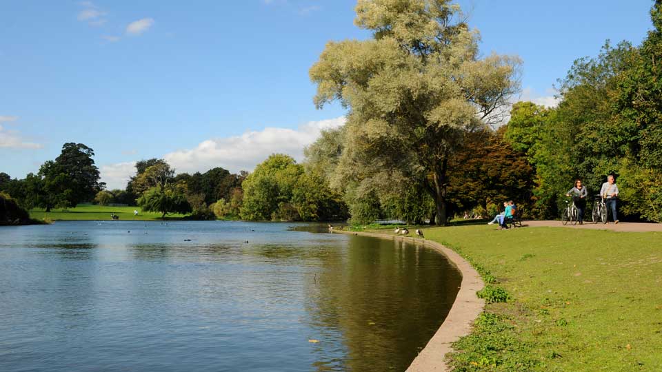 a river with trees and people on the side