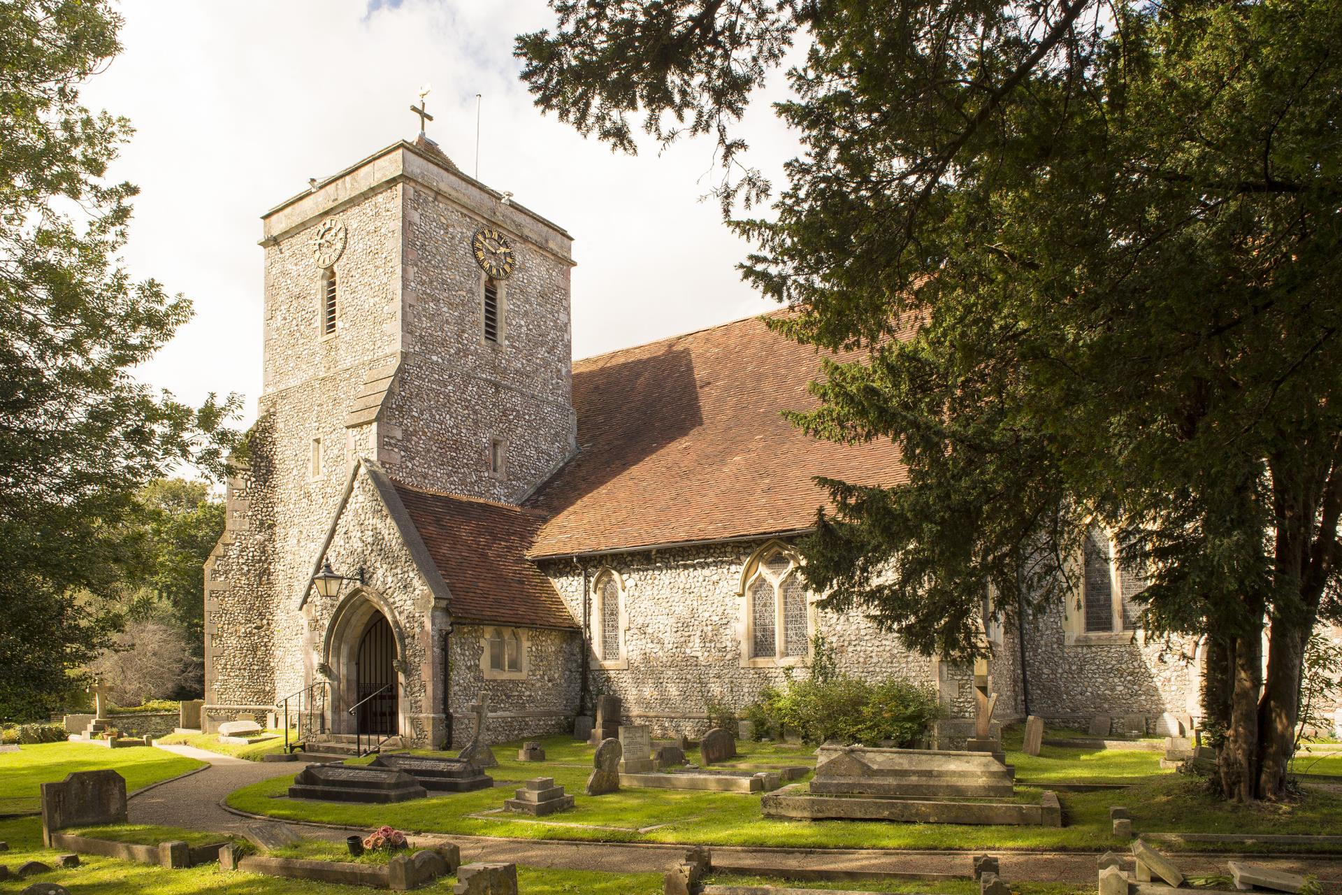 a church with a graveyard