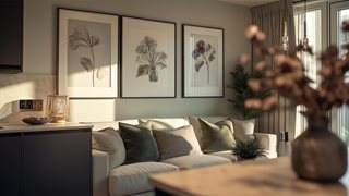 a living room with a couch and a table