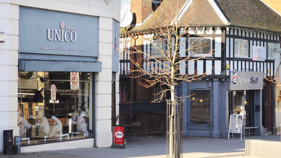 a store front with a tree in the front