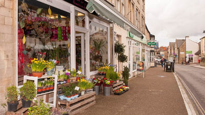 a street with many potted plants